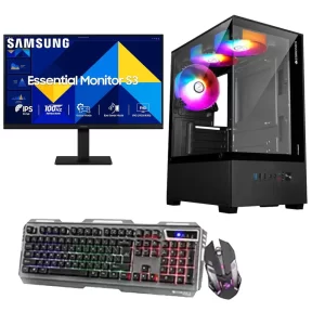 AMD RYZEN 5 5500 PROCESSOR | MSI B550M PRO VHD WIFI MOTHEROARD | CORSAIR 16GB DDR4 3200MHz RAM | CRUCIAL P3 PLUS 500GB NVMe SSD | AMD RADEON RX550 4GB GPU | COOLERMASTER MWE450 PSU | RGB CABINET | SAMSUNG 24 INCH MONITOR | ZEB TRASFORMER KIT BLACK